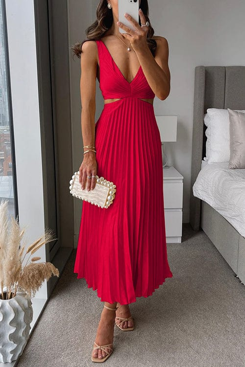 Women's Pleated Midi Dress with Flared Skirt