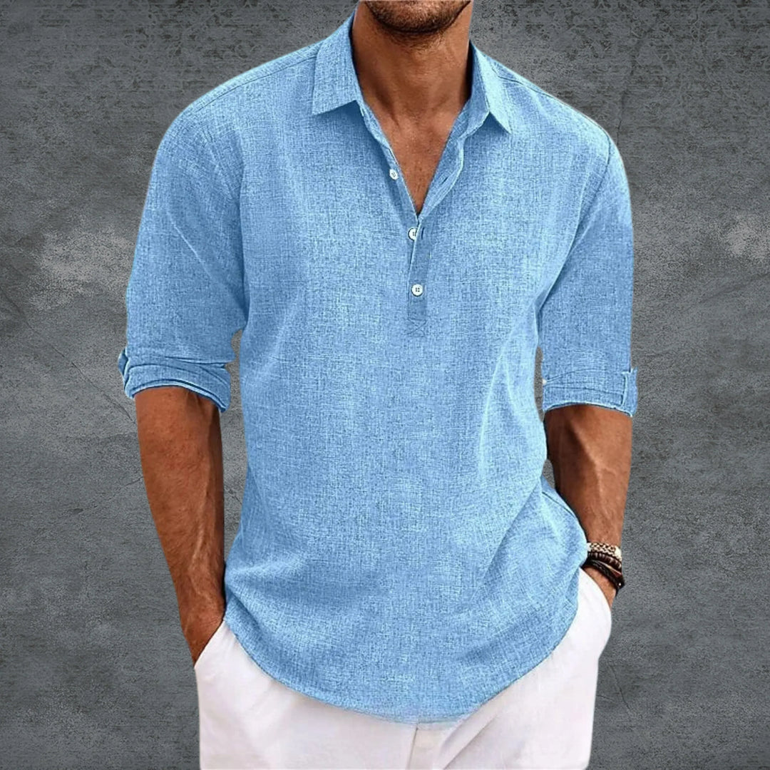 Men's Collared Half-Button Shirt with Roll-Up Long Sleeves and Curved Hemline