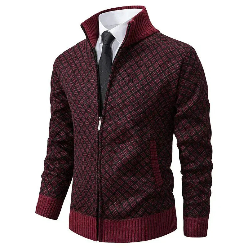Men's Diamond-Pattern Zip-Front Cardigan with Stand-Up Collar and Ribbed Trim