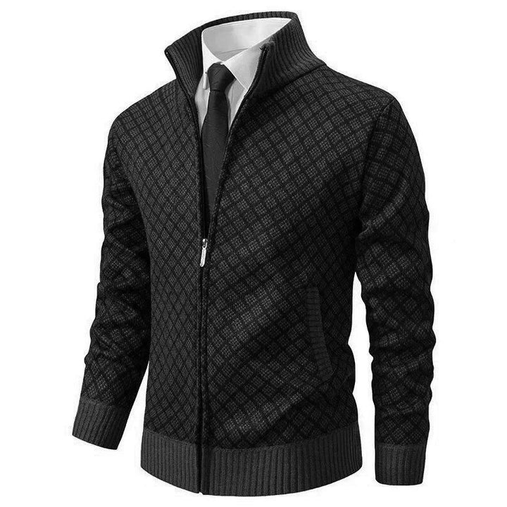 Men's Diamond-Pattern Zip-Front Cardigan with Stand-Up Collar and Ribbed Trim