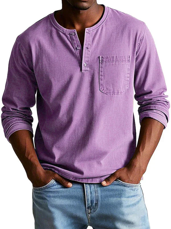 Men's Long Sleeve Henley Shirt with Button Placket and Chest Pocket