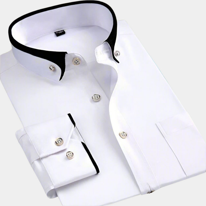 Men's Button-Front Shirt with Contrast Collar Trim and Long Sleeves