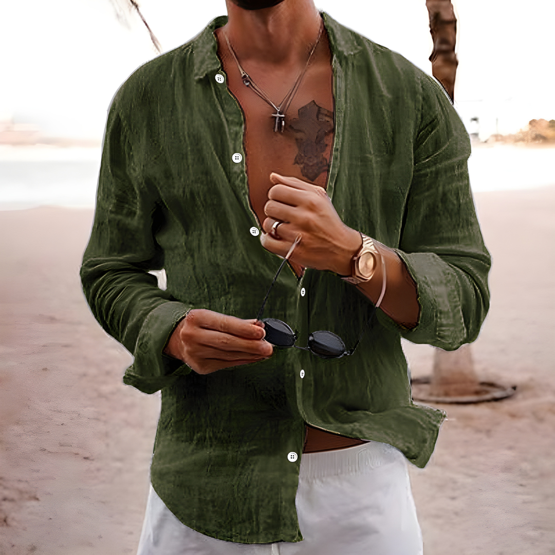 Men's Collared Button-Front Shirt with Long Sleeves and Straight Hemline