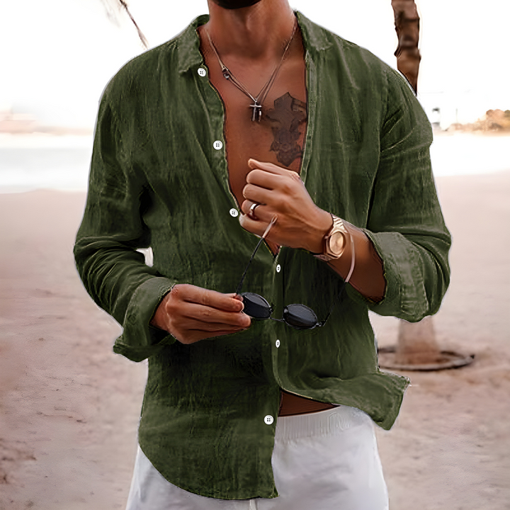 Men's Collared Button-Front Shirt with Long Sleeves and Straight Hemline