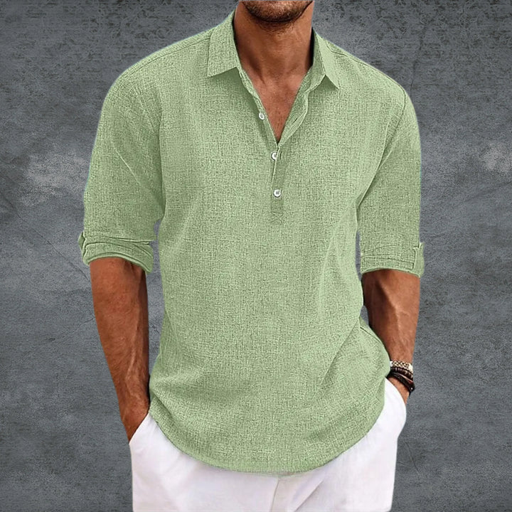 Men's Collared Half-Button Shirt with Roll-Up Long Sleeves and Curved Hemline