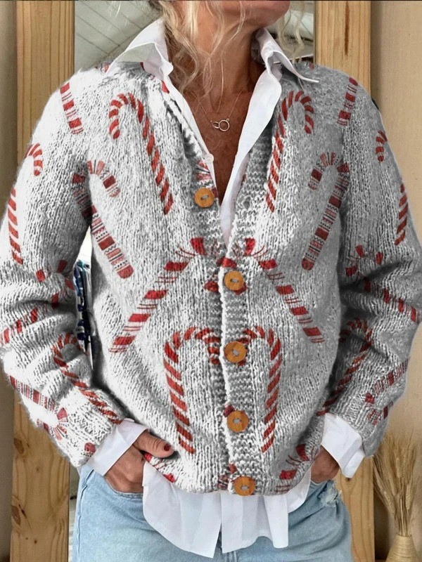 Denise | Women's Candy Cane Pattern Button Cardigan
