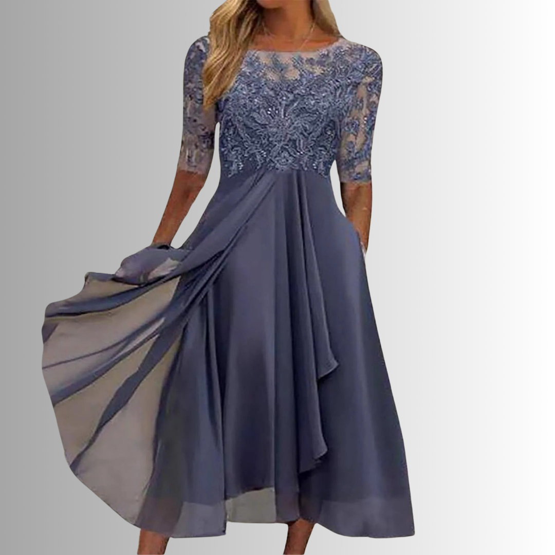 Women's Lace Bodice Round Neckline Midi Dress with Half Sleeves and Layered Skirt