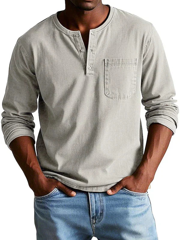 Men's Long Sleeve Henley Shirt with Button Placket and Chest Pocket
