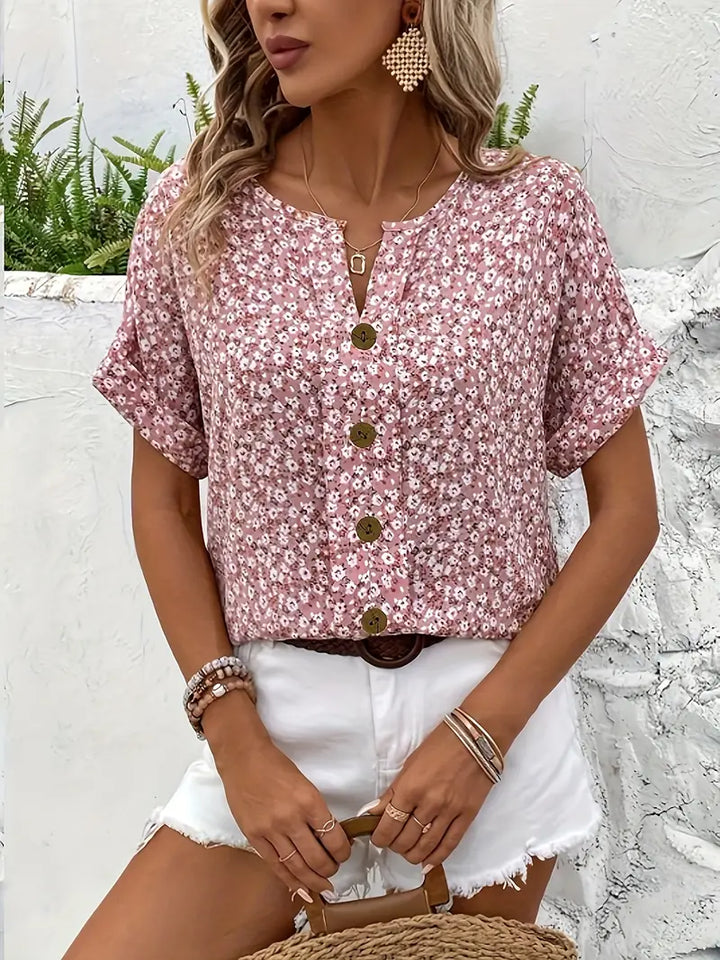 Women's Floral Button-Front Blouse with Notched Neckline and Short Sleeves