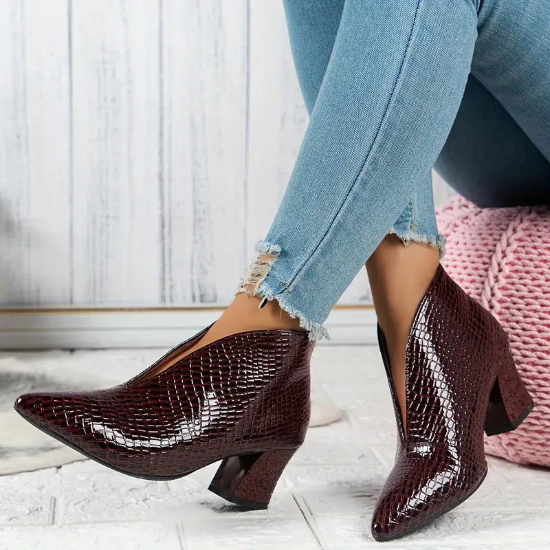 Sophia | Women's Textured Ankle Boots with Curved Cut and Mid Block Heel