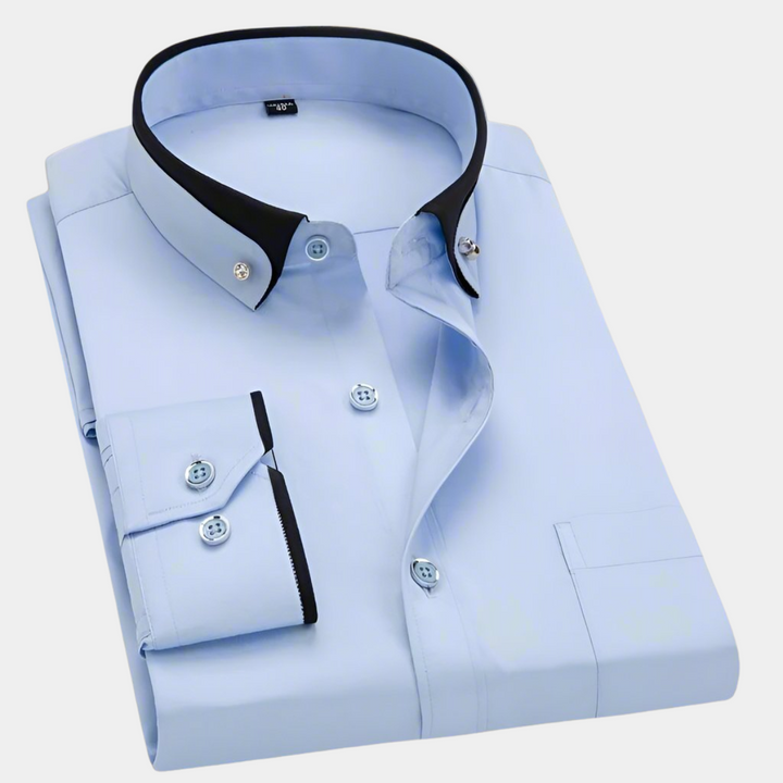Men's Button-Front Shirt with Contrast Collar Trim and Long Sleeves