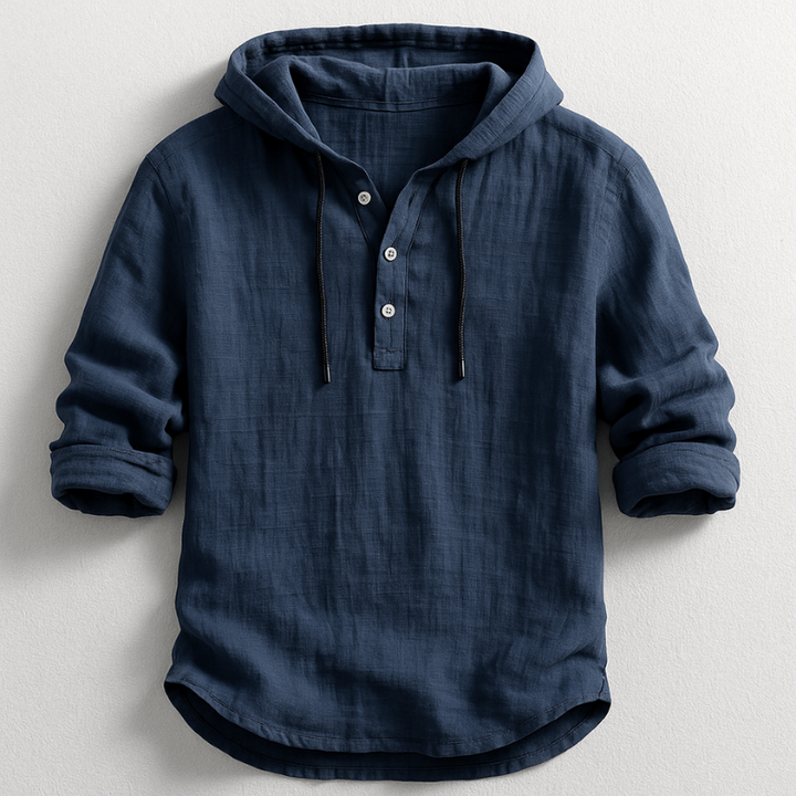 Men's Hooded Button-Placket Shirt with Drawstring and Rolled Sleeves