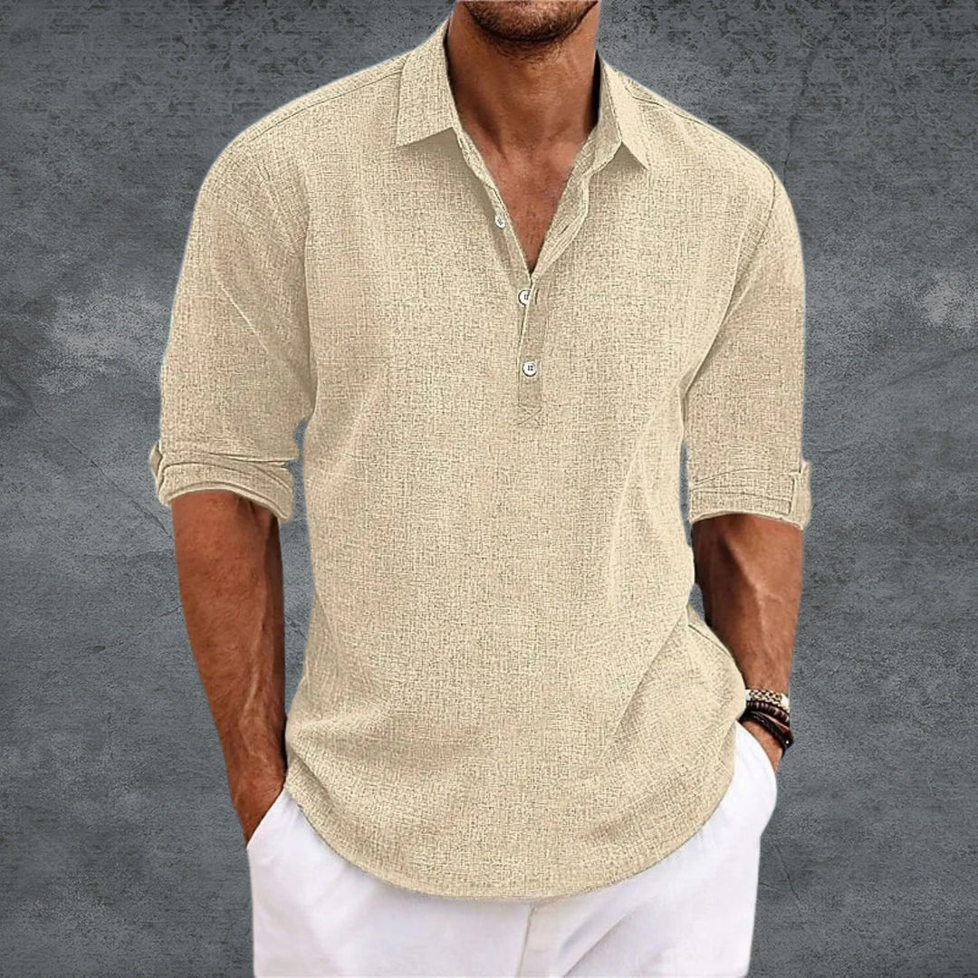 Men's Collared Half-Button Shirt with Roll-Up Long Sleeves and Curved Hemline