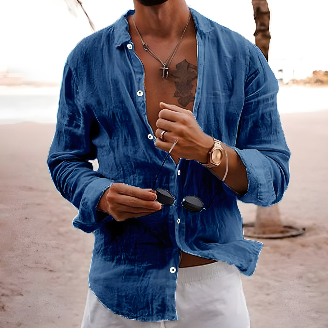 Men's Collared Button-Front Shirt with Long Sleeves and Straight Hemline