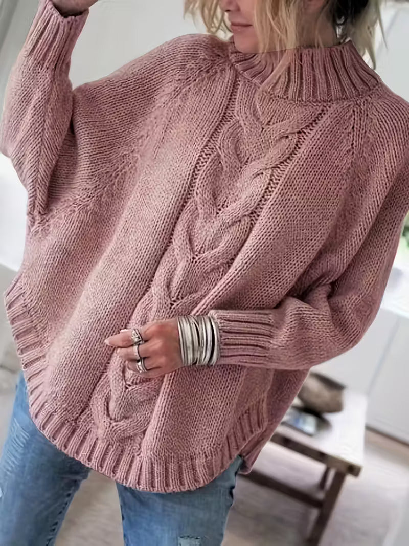 Gwenola | Women's Cable Knit Poncho Sweater with Roll Neck