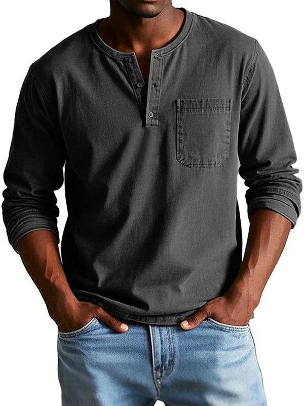 Men's Long Sleeve Henley Shirt with Button Placket and Chest Pocket