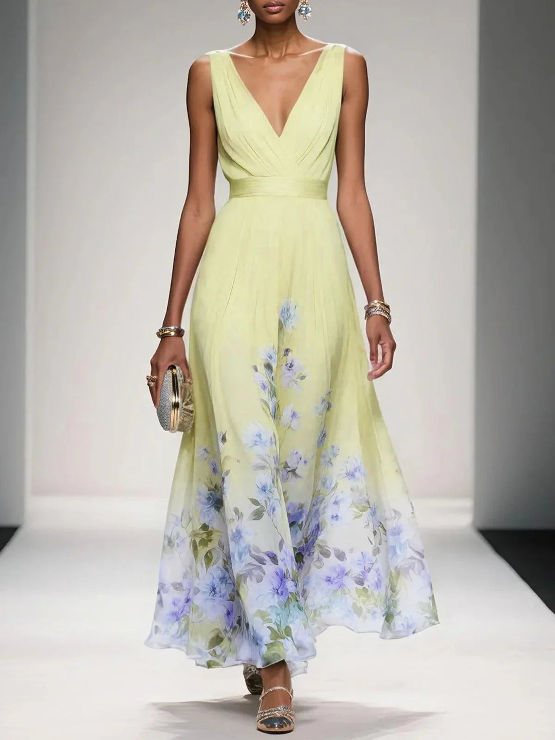 Women's Sleeveless V-Neck Floral Maxi Dress with Wide Shoulder Straps and Waistband Seam