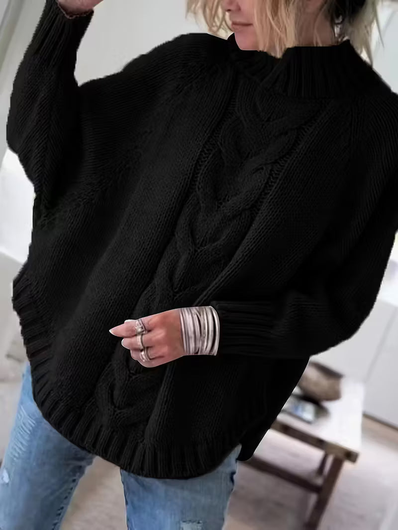 Gwenola | Women's Cable Knit Poncho Sweater with Roll Neck
