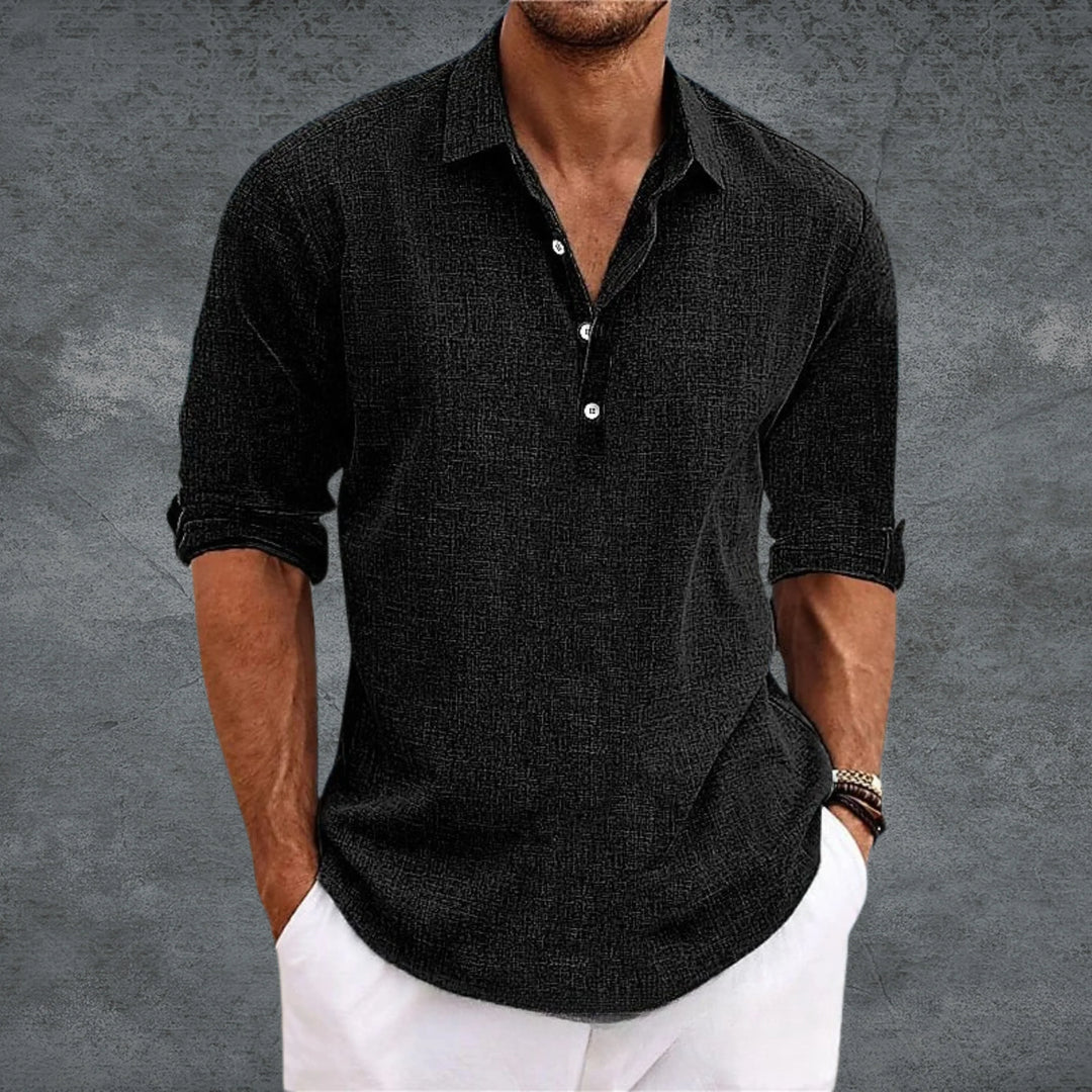 Men's Collared Half-Button Shirt with Roll-Up Long Sleeves and Curved Hemline