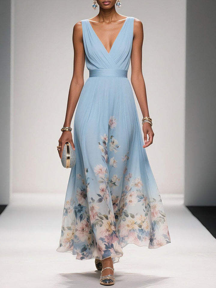 Women's Sleeveless V-Neck Floral Maxi Dress with Wide Shoulder Straps and Waistband Seam