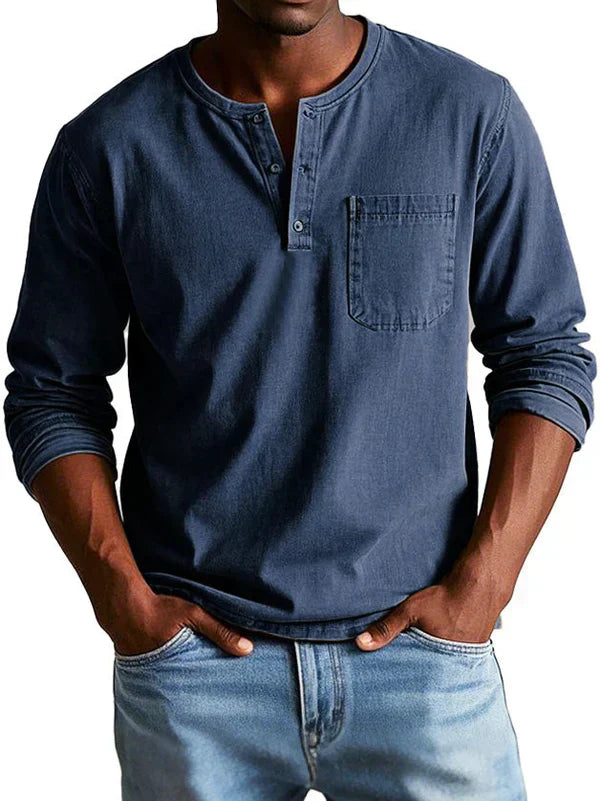 Men's Long Sleeve Henley Shirt with Button Placket and Chest Pocket