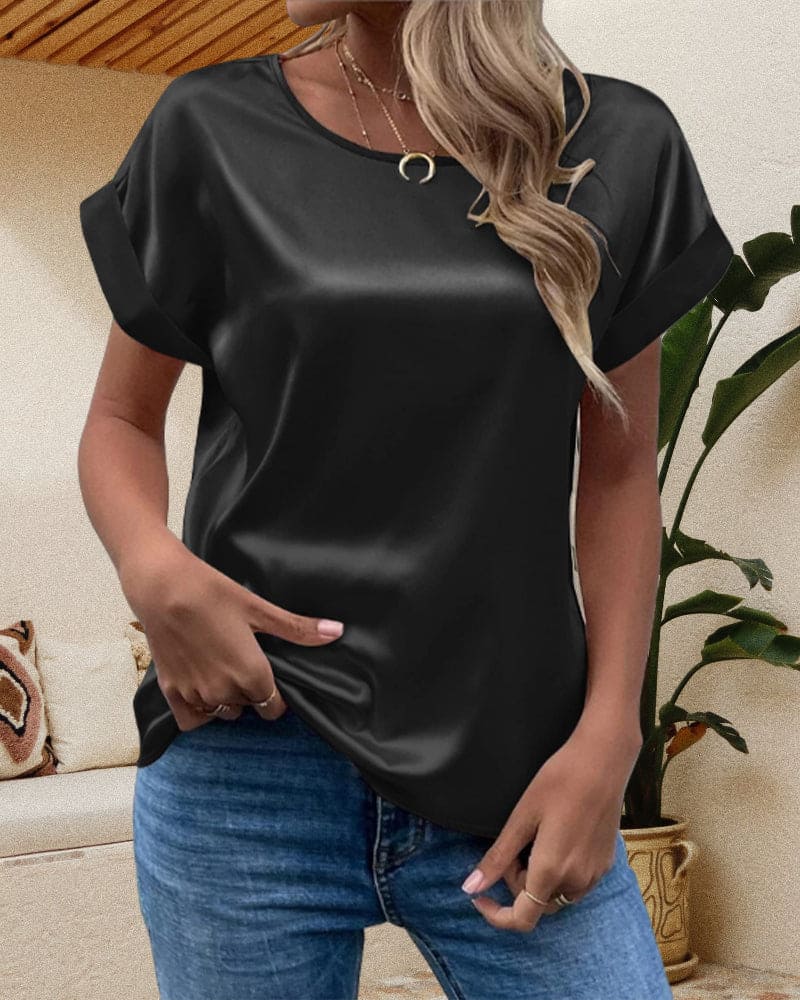 Women's Short Sleeve Round Neckline T-Shirt with Rolled Cuffs and Glossy Surface