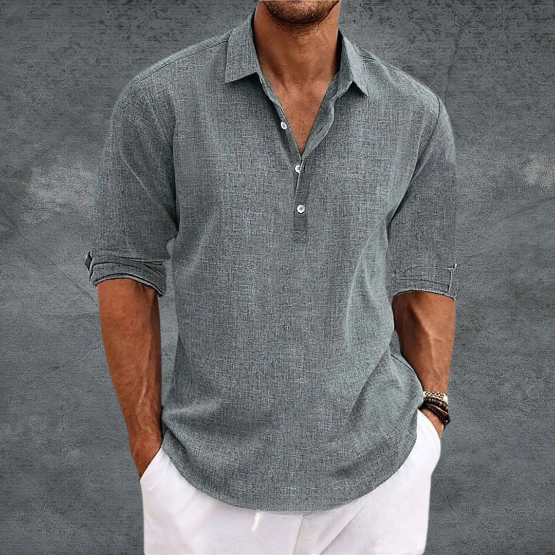 Men's Collared Half-Button Shirt with Roll-Up Long Sleeves and Curved Hemline
