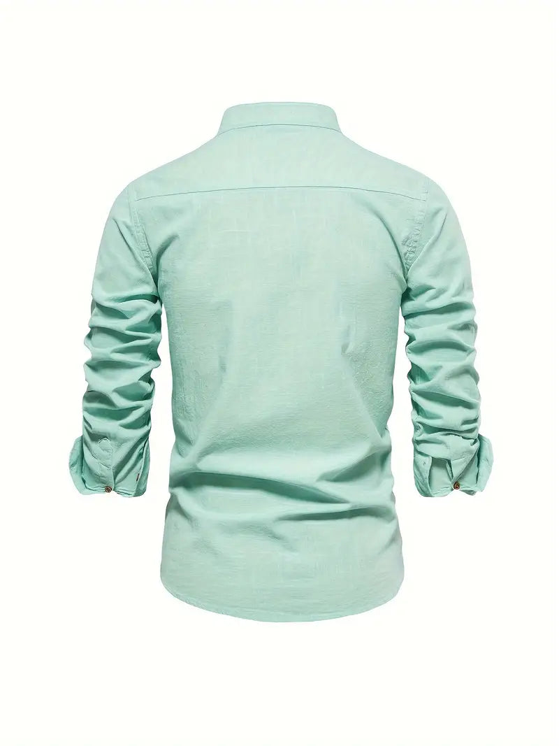 Men's Long Sleeve Button-Front Shirt with Band Collar and Chest Emblem