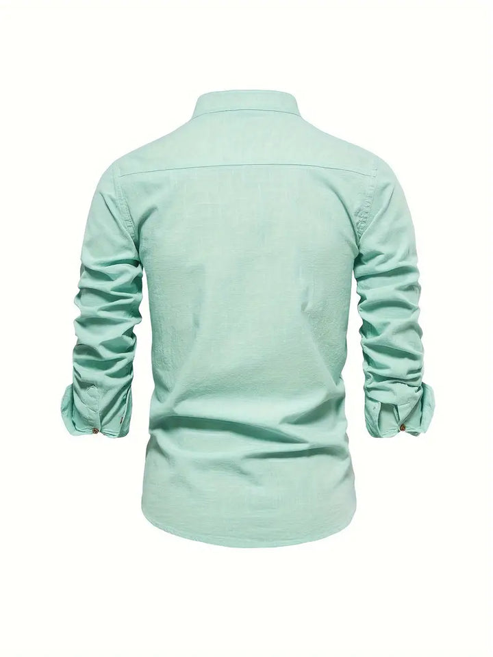 Men's Long Sleeve Button-Front Shirt with Band Collar and Chest Emblem