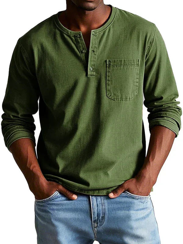 Men's Long Sleeve Henley Shirt with Button Placket and Chest Pocket