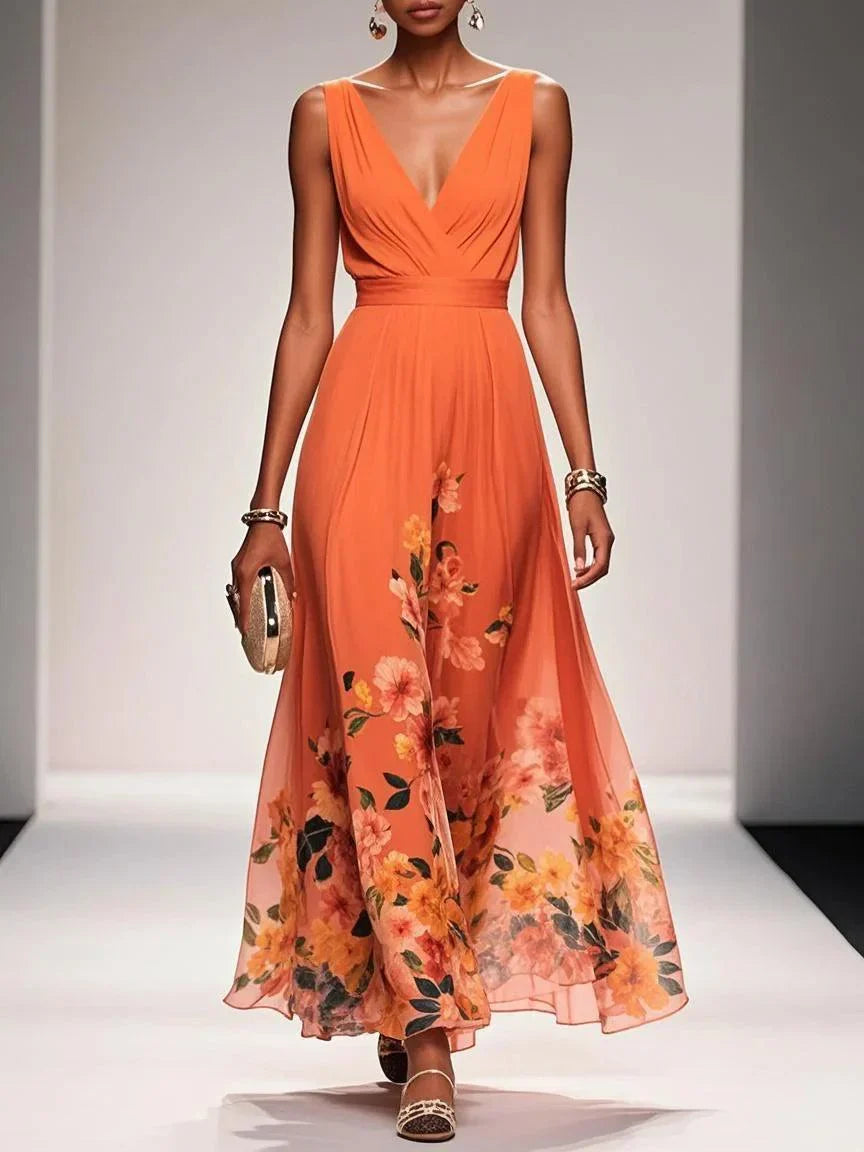 Women's Sleeveless V-Neck Floral Maxi Dress with Wide Shoulder Straps and Waistband Seam