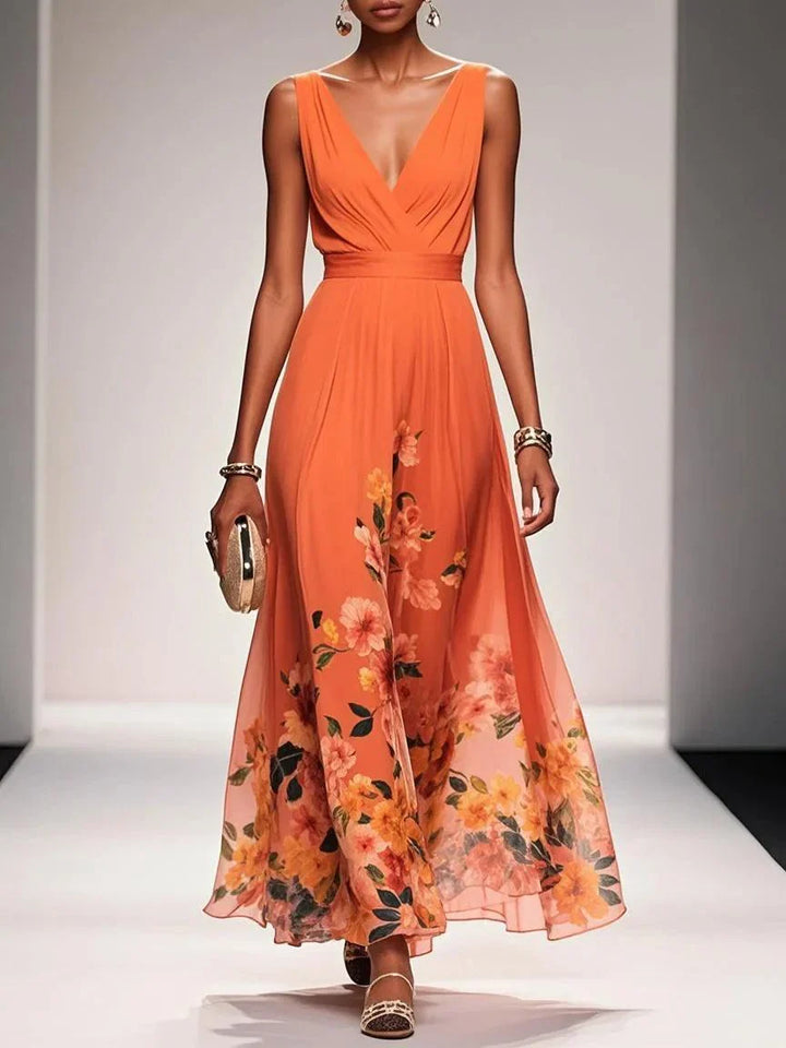 Women's Sleeveless V-Neck Floral Maxi Dress with Wide Shoulder Straps and Waistband Seam