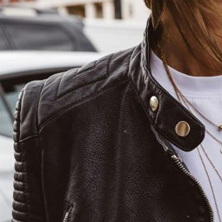 Noemie | Women's Moto Jacket with Ribbed Sleeve Panels