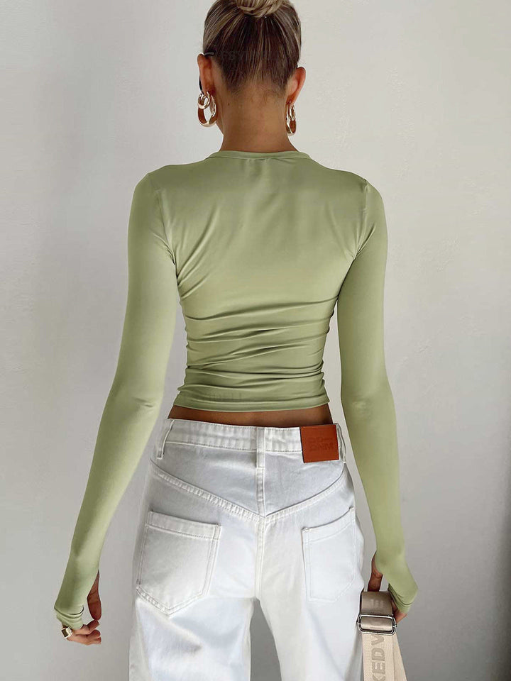 Women's Long Sleeve Crop Top with Round Neckline and Extended Cuffs