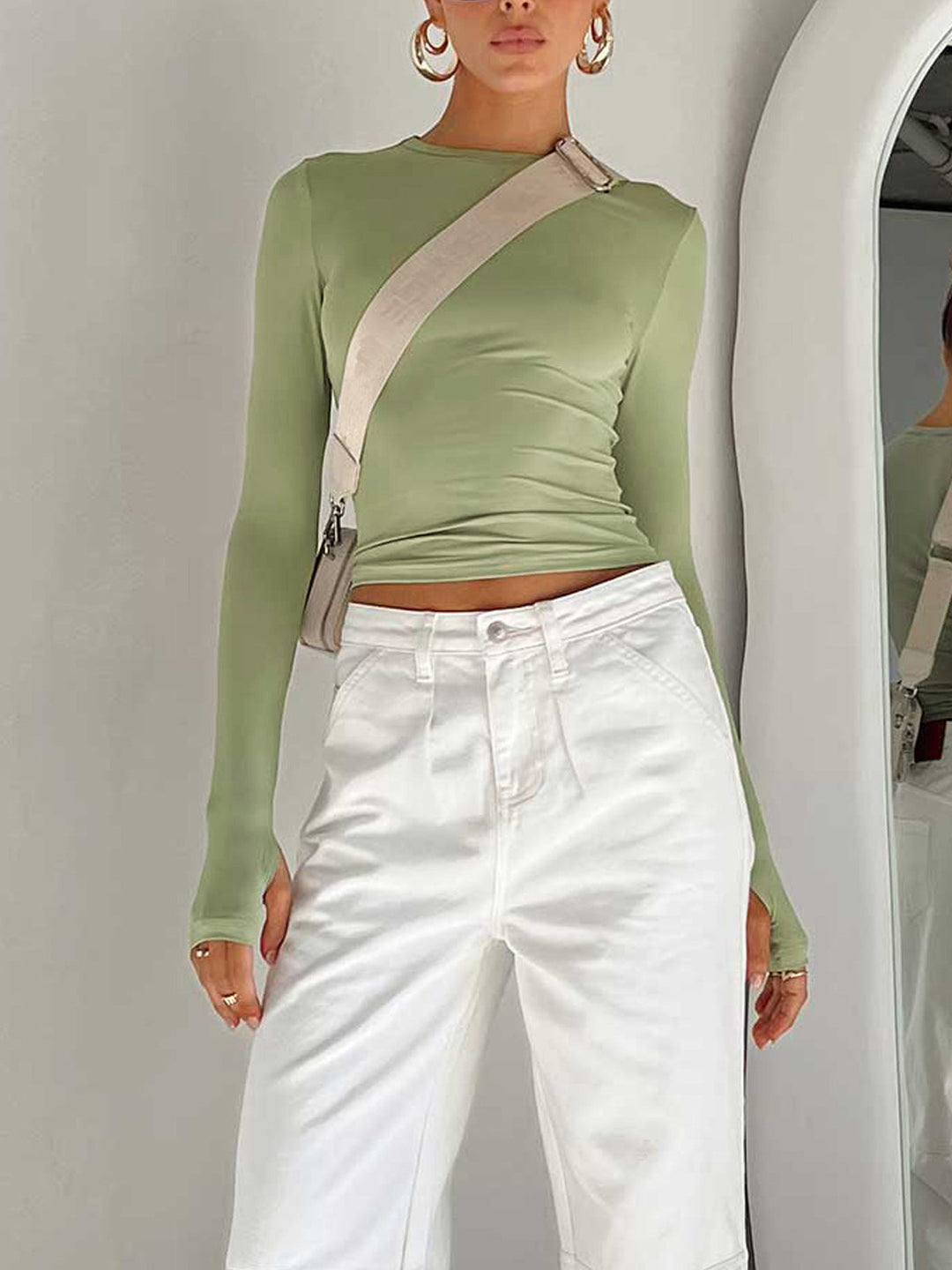 Women's Long Sleeve Crop Top with Round Neckline and Extended Cuffs