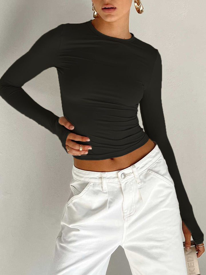 Women's Long Sleeve Crop Top with Round Neckline and Extended Cuffs