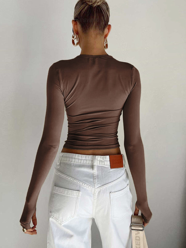 Women's Long Sleeve Crop Top with Round Neckline and Extended Cuffs