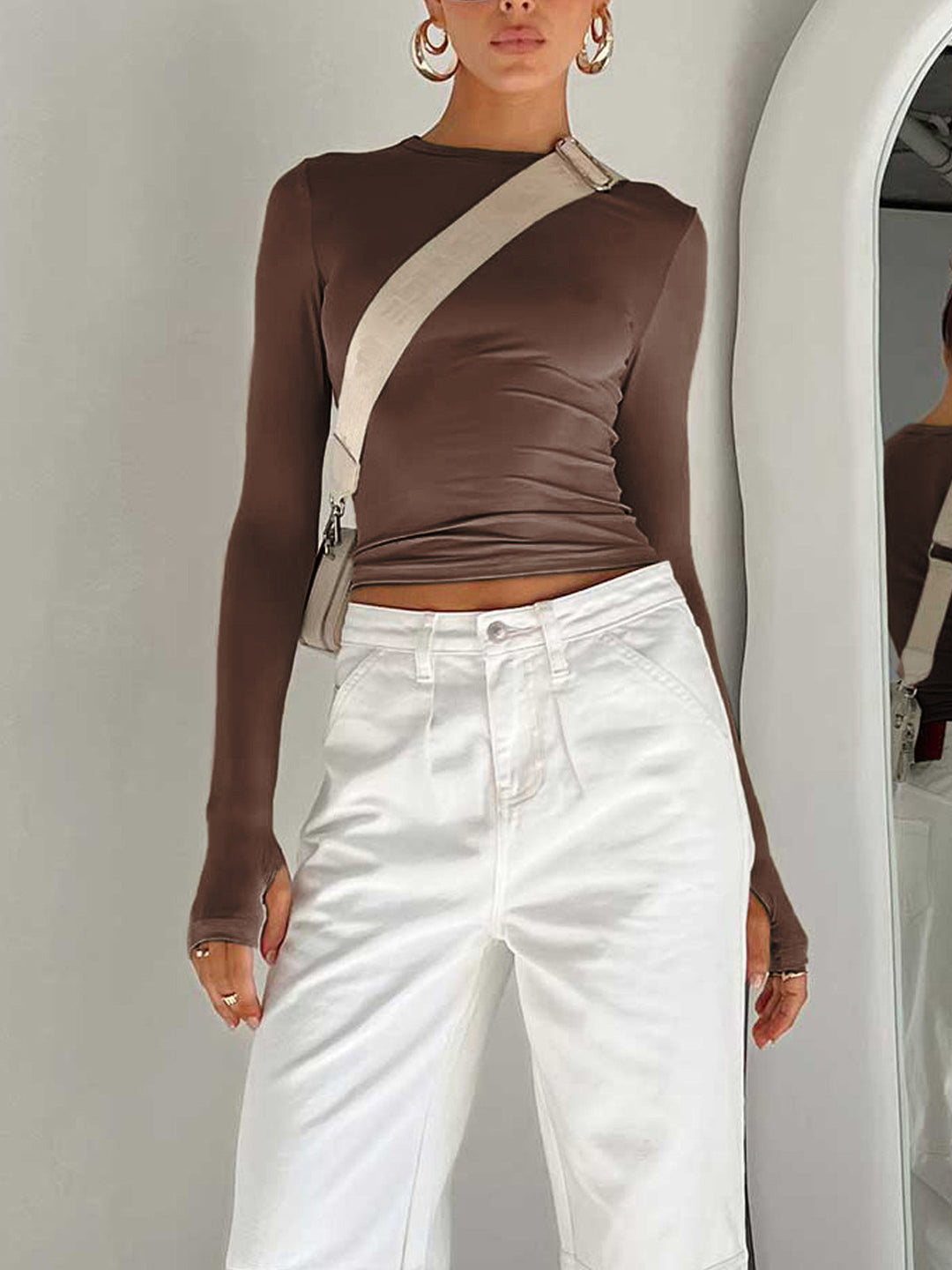 Women's Long Sleeve Crop Top with Round Neckline and Extended Cuffs