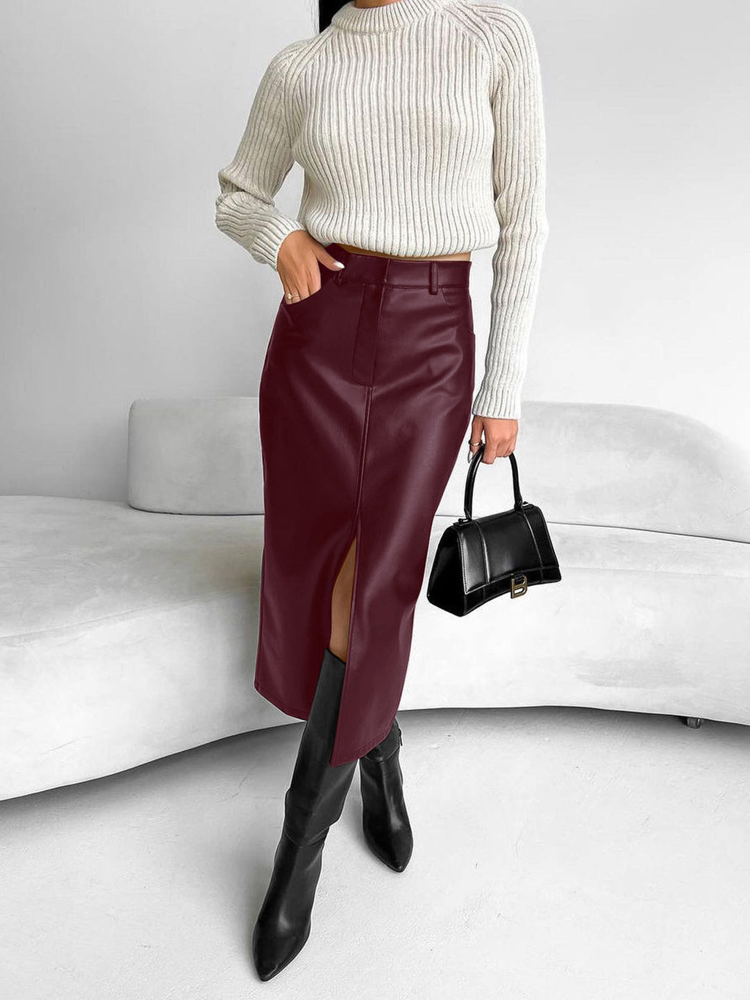 Women's High-Waist Midi Skirt with Front Slit and Belt Loops