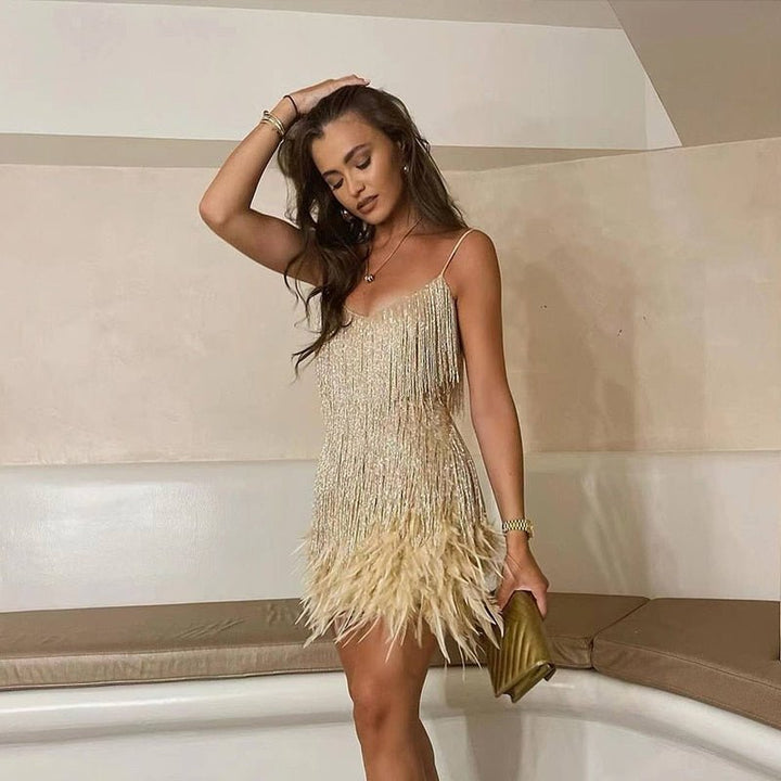 Women's Mini Dress with Sequins and Feathers