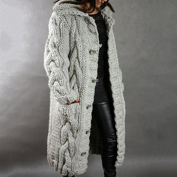 Solange | Women's Cable-Textured Longline Hooded Coat with Toggle Buttons