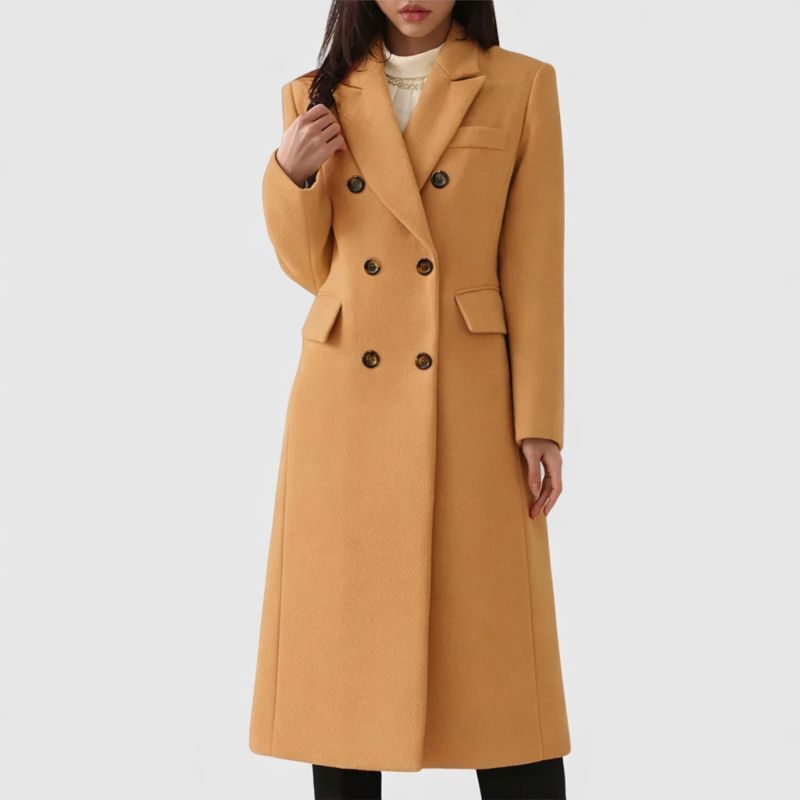 Adrienne | Women's Slim Double-Breasted Longline Coat with Gold Buttons