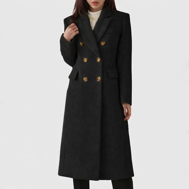 Adrienne | Women's Slim Double-Breasted Longline Coat with Gold Buttons