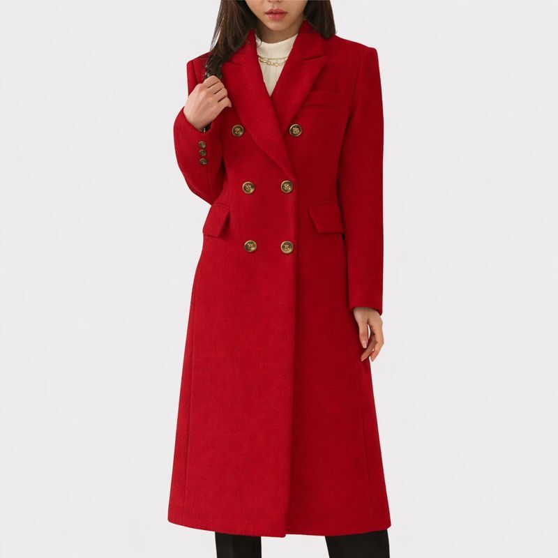 Adrienne | Women's Slim Double-Breasted Longline Coat with Gold Buttons