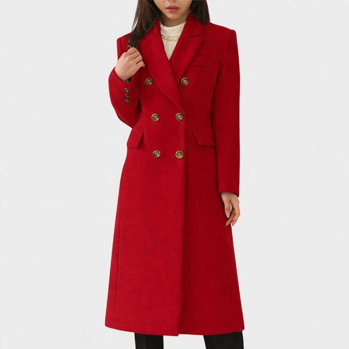 Adrienne | Women's Slim Double-Breasted Longline Coat with Gold Buttons