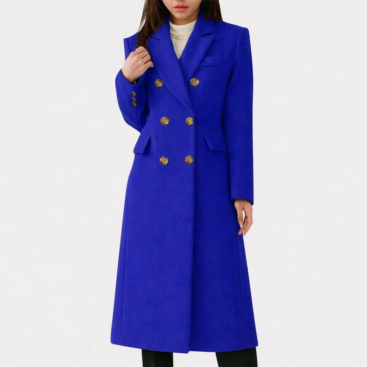 Adrienne | Women's Slim Double-Breasted Longline Coat with Gold Buttons