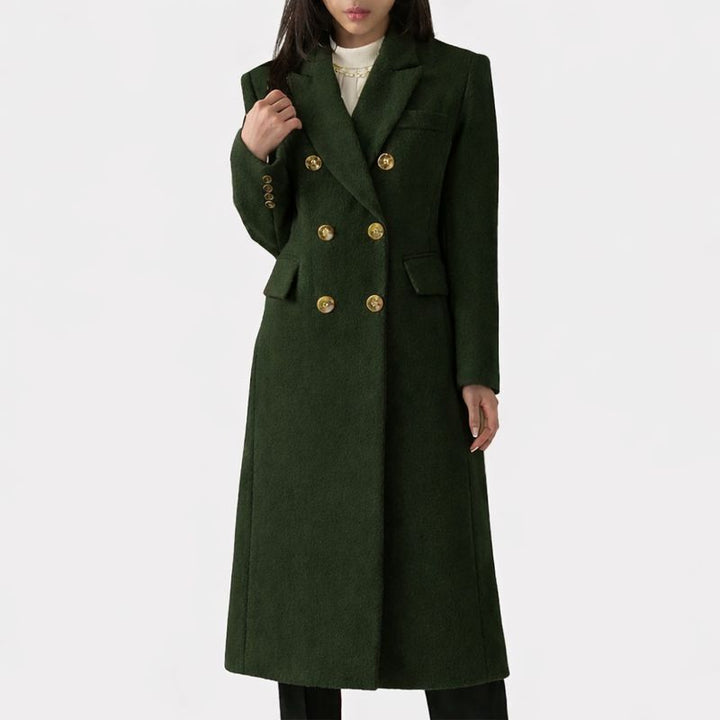 Adrienne | Women's Slim Double-Breasted Longline Coat with Gold Buttons