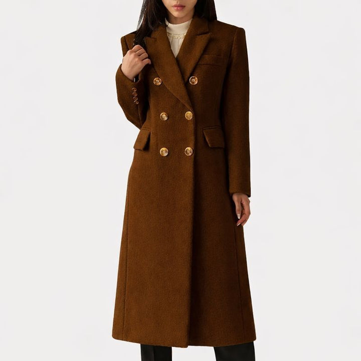 Adrienne | Women's Slim Double-Breasted Longline Coat with Gold Buttons