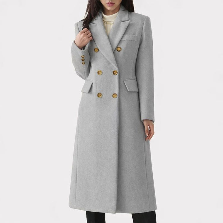 Adrienne | Women's Slim Double-Breasted Longline Coat with Gold Buttons