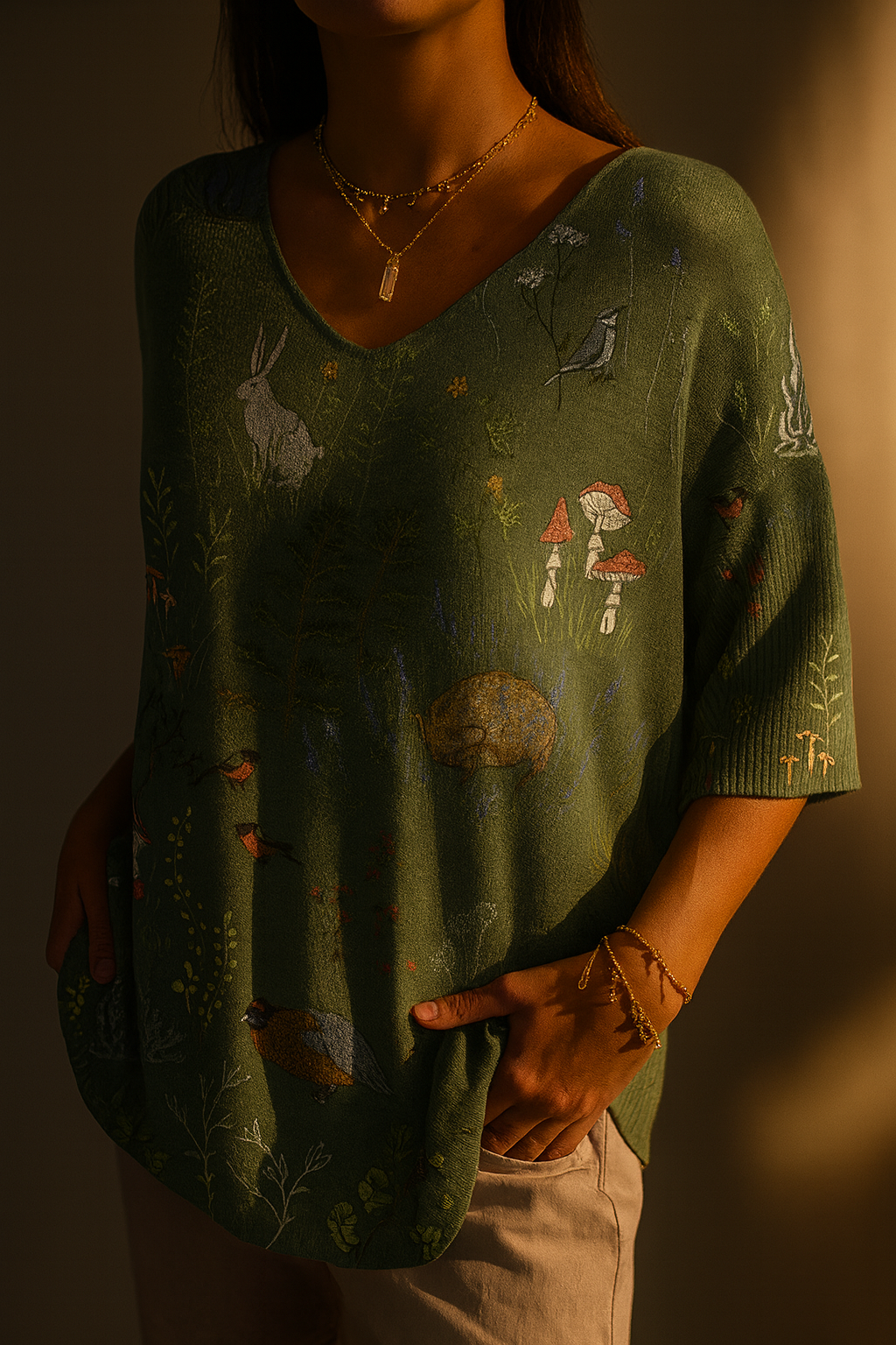 Olivia | Woodland And Animals Repeat Pattern Printed Women's Casual Pullover Knit